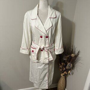 Vtg AS.HRO 2pc Jacket Skirt Set White Pink Trim 3/4 Sleeve Belt Slit Sz 14 Flaw